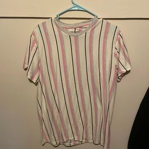 Men’s, size large, white,pink, gray, black striped shirt